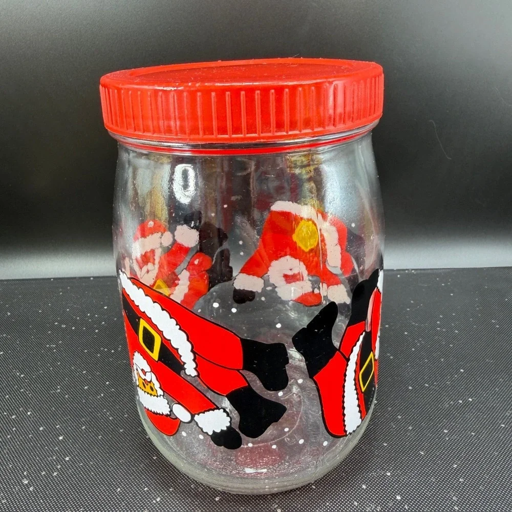 Vintage Santa Claus Glass Cookie Jar Made‎ in France Red Lid Christmas Canister